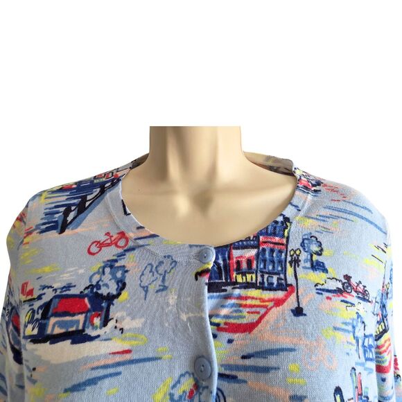 Talbots Petite M Cardigan Blue Bicycle Print - Picture 3 of 10